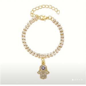 Gold Plated Rhinestone Inlaid Tennis Bracelet With Hamsa Hand